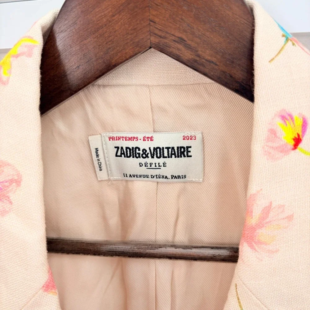 Zadig &‎ Voltaire Courtney Vegy Linen Blazer Jacket Sz XL / EU 42 Pink Floral